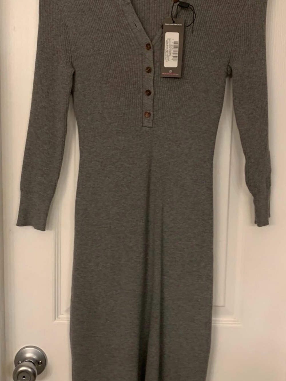 Women's Moda international ribbed midi dress  Ribbed Henley Long Sleeve